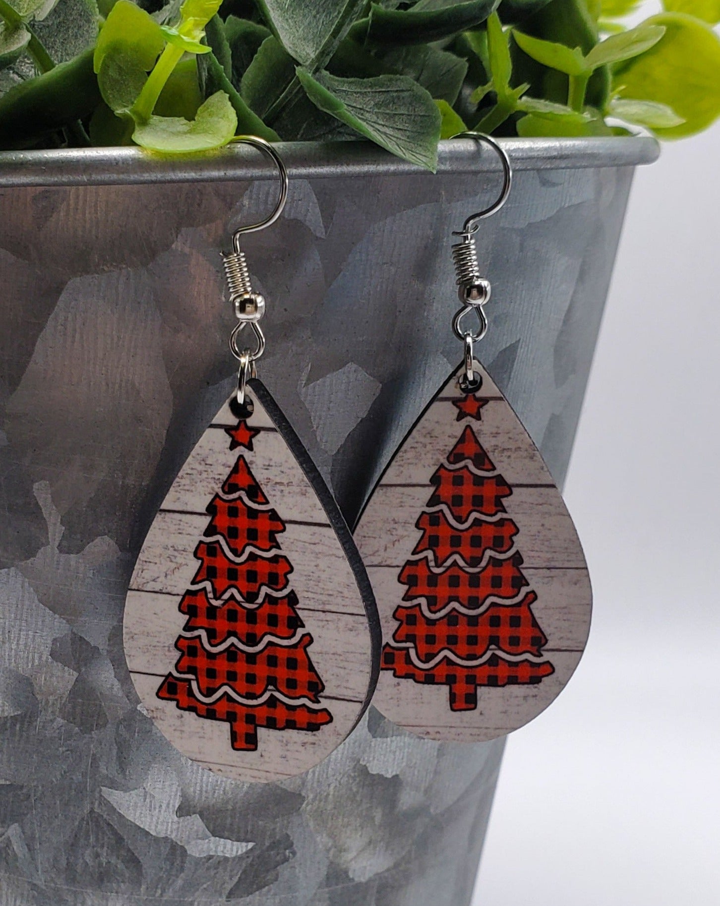 Buffalo plaid Christmas tree earrings